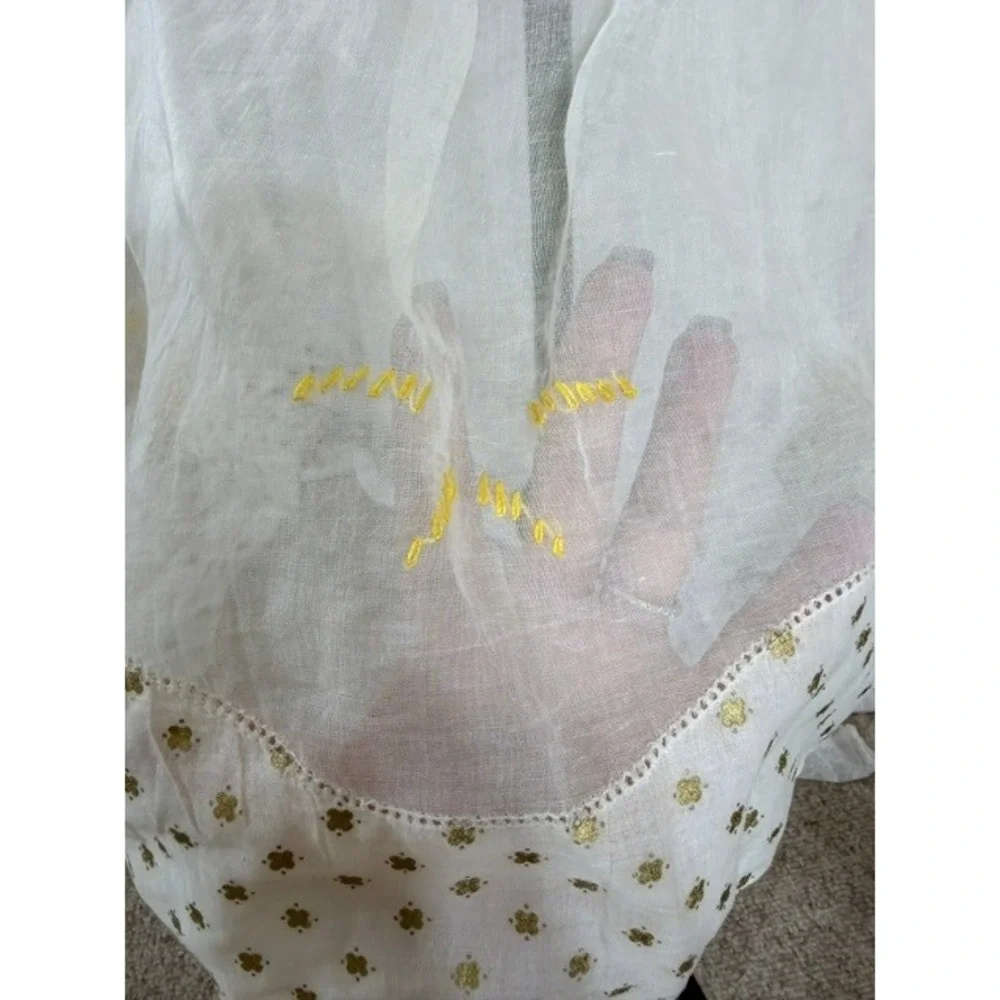 Vintage 1940s Sheer White Half Apron Gold Foil Clover Yellow Floral Embroidery